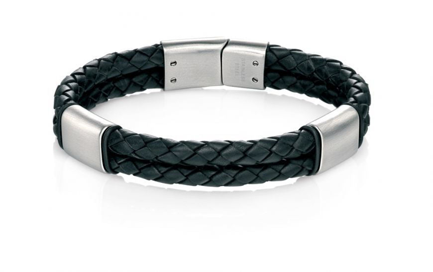 Black Leather Bracelet With Brush Finish