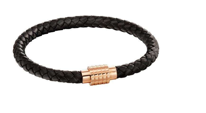 Hexagon Ridge Clasp Rose Black Leather Plait Bracelet