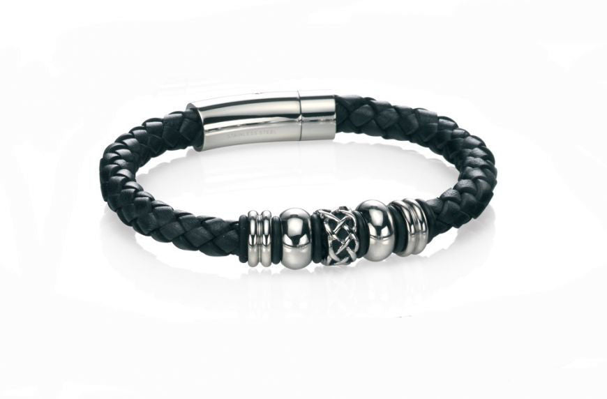 Stainless Steel Black Leather Celtic Bead Bracelet