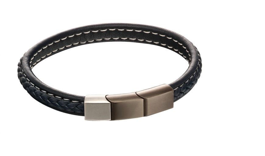Plait Mixed Brushed Finish Navy Leather Bracelet