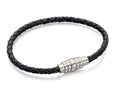 Skinny Stainless Steel Black Leather Bracelet With Magnetic Clasp 21cm