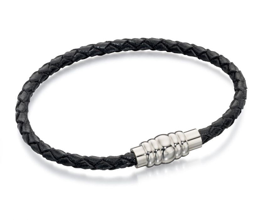 Skinny Stainless Steel Black Leather Bracelet With Magnetic Clasp 21cm