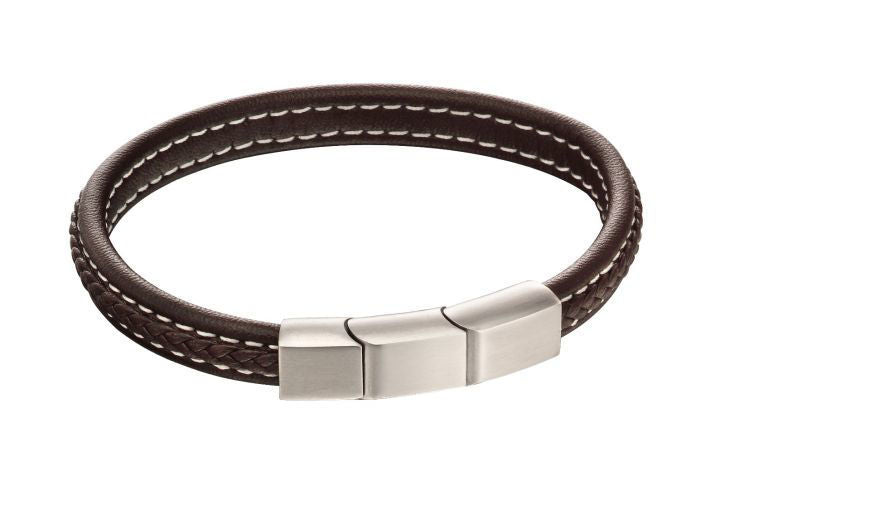 Plait Mixed Brushed Finish Brown Leather Bracelet