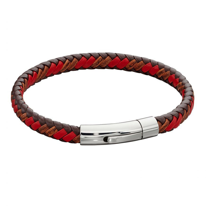 Woven Red Leather & Stainless Steel Clip Clasp Bracelet
