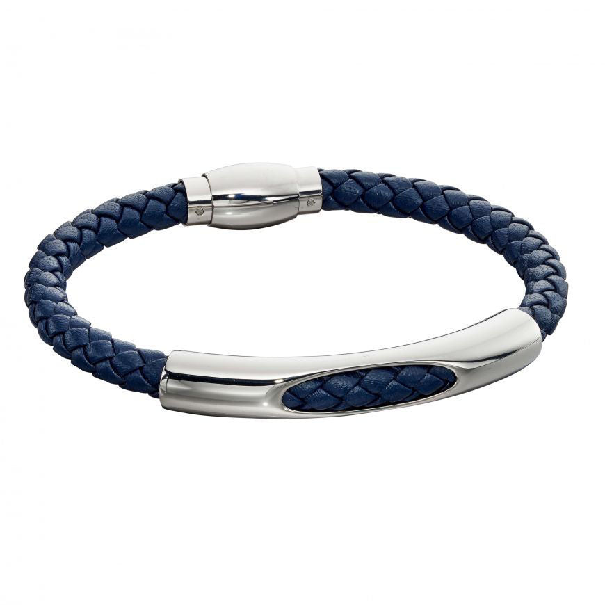 Woven Navy Blue Leather & Stainless Steel Magnetic Clasp Bracelet