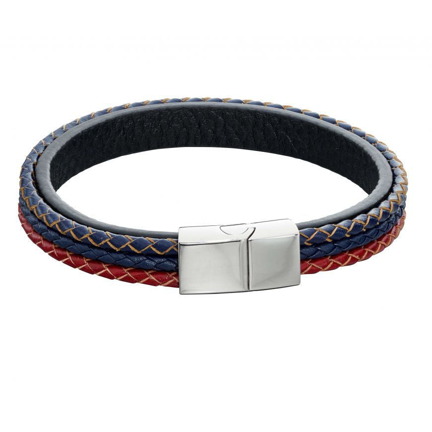Woven Blue, Red & Grey leather Magnetic Clasp Bracelet