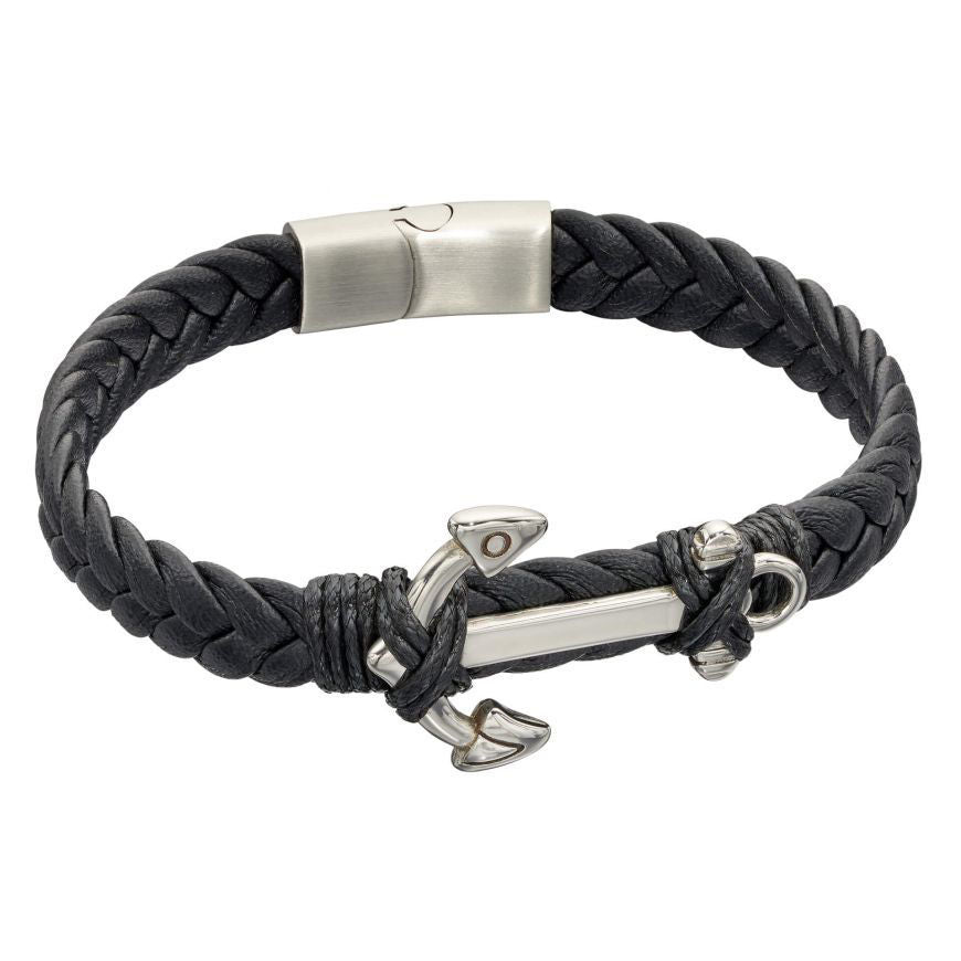 Black Leather Plaited Bracelet With Anchor