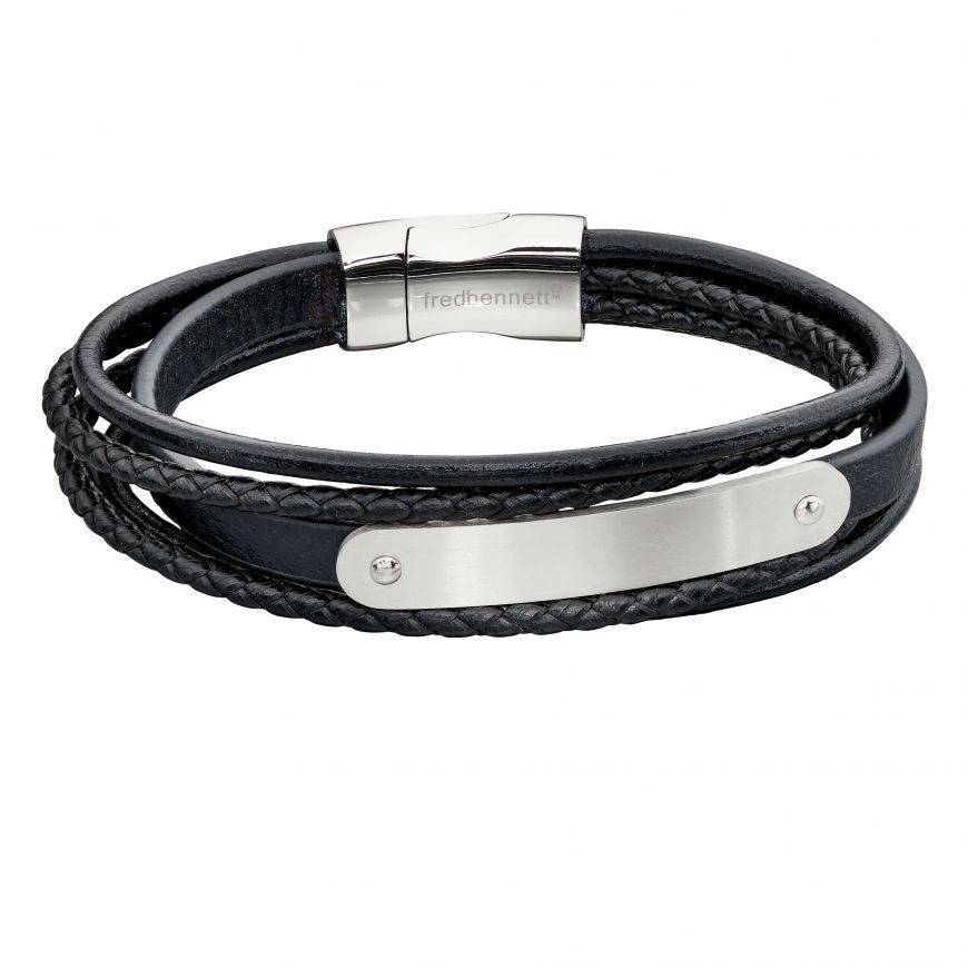 Black Leather And Stainless Steel Bracelet