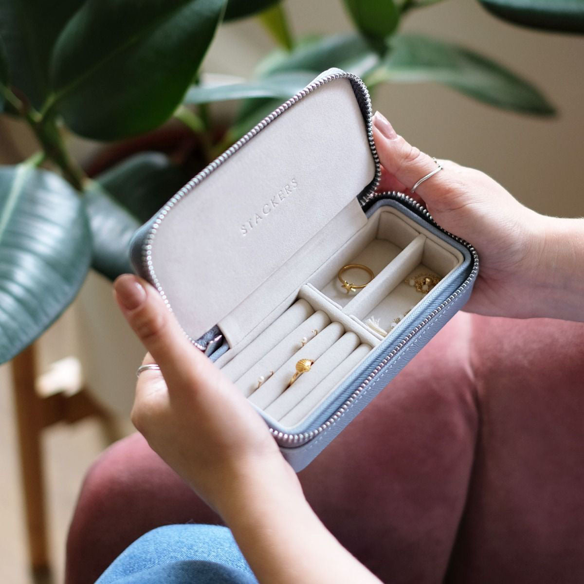 Dusky Blue Medium Zipped Jewellery Box