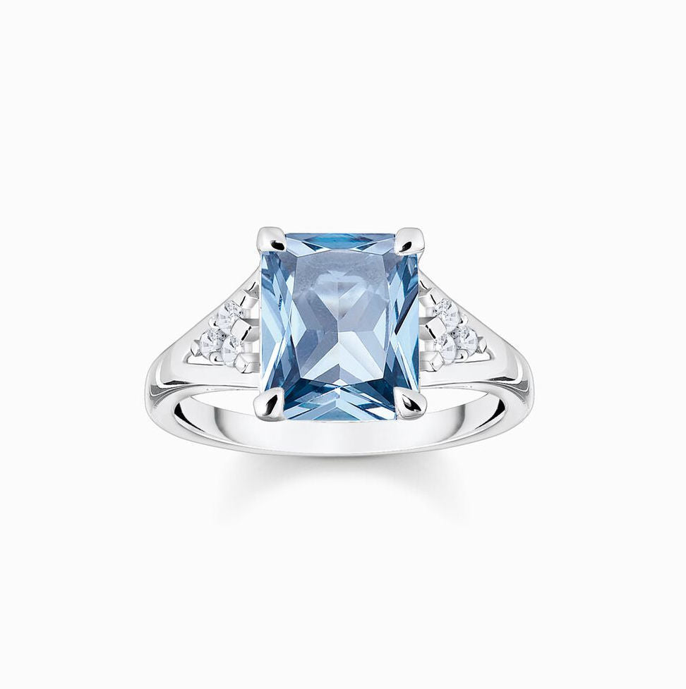Aquamarine Coloured Stone Ring with Cubic Zirconia in Silver