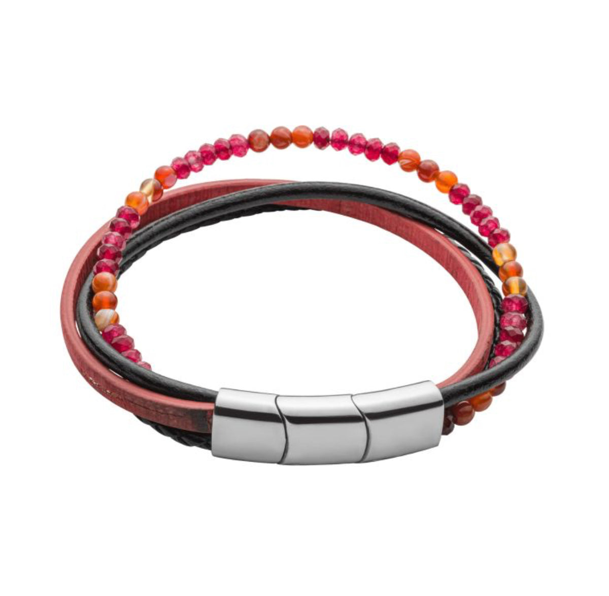 Red Multi Row Cork and Leather Bracelet with Beads