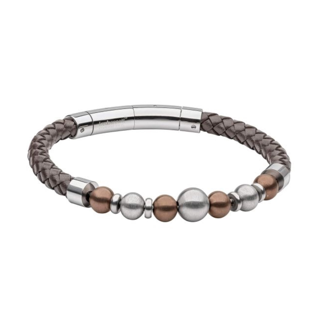 Brown Leather Bracelet with Coffee Plated Stainless Steel Beads