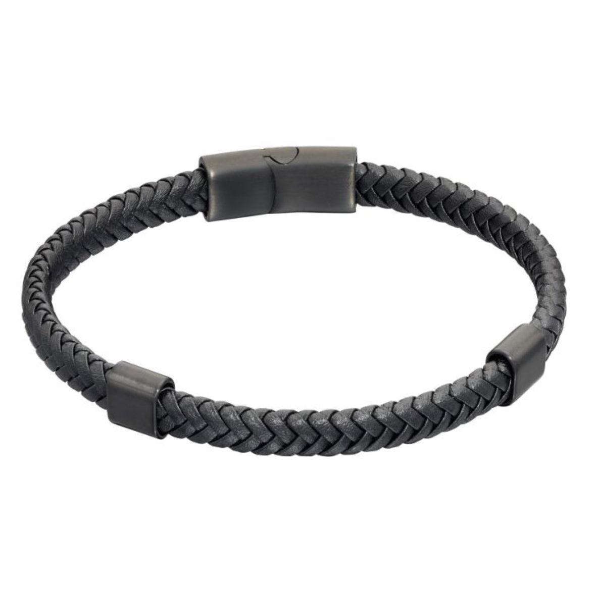 Plaited Black Leather and Black IP Sections Bracelet