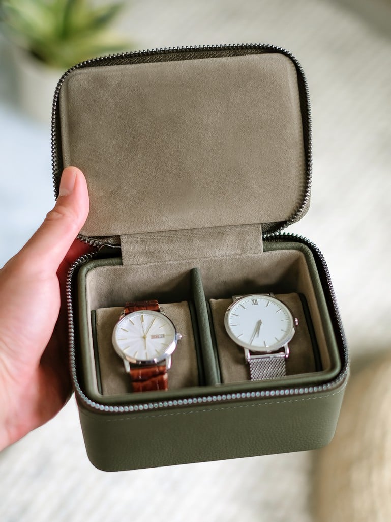 Olive Green Zipped Travel Double Watch Box