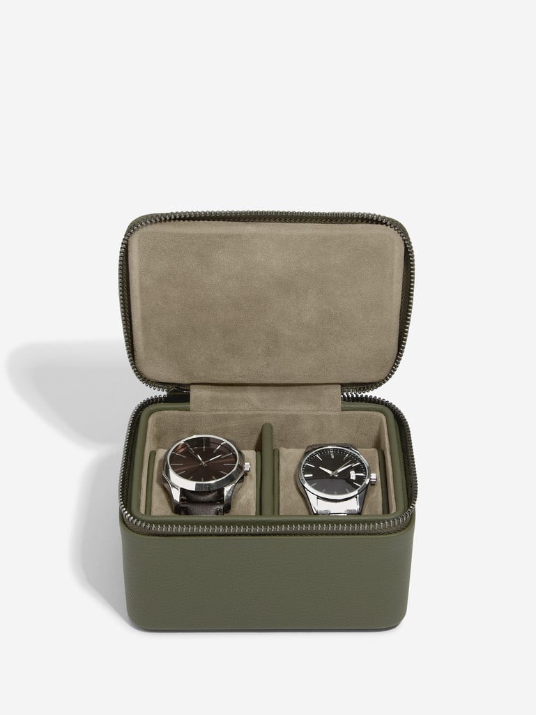 Olive Green Zipped Travel Double Watch Box