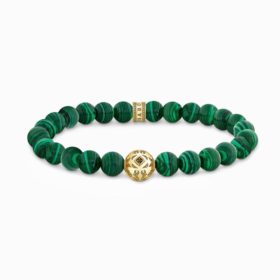 Green Malachite Mens Bracelet with Gold Plated Beads 