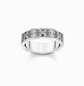 Faceted Silver Band Ring with Engravings and Black Zirconia