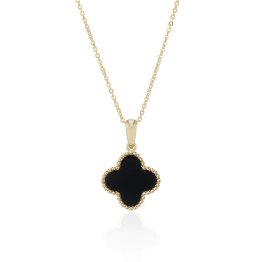 9ct Yellow Gold Onyx Flower Pendant Necklace