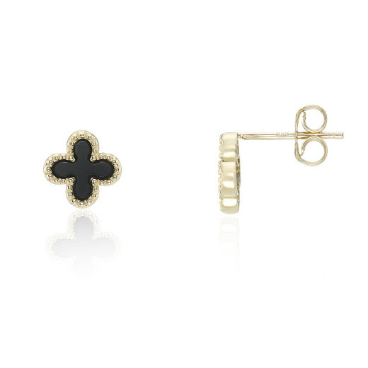 9ct Yellow Gold Onyx Flower Stud Earrings