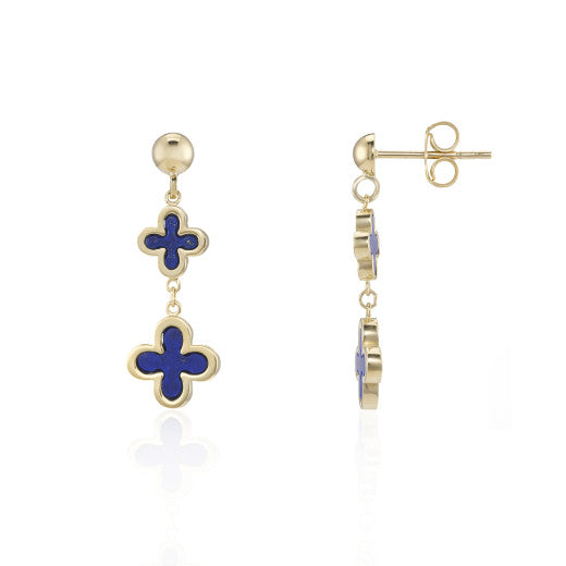 9ct Yellow Gold Lapis Flower Drop Earrings