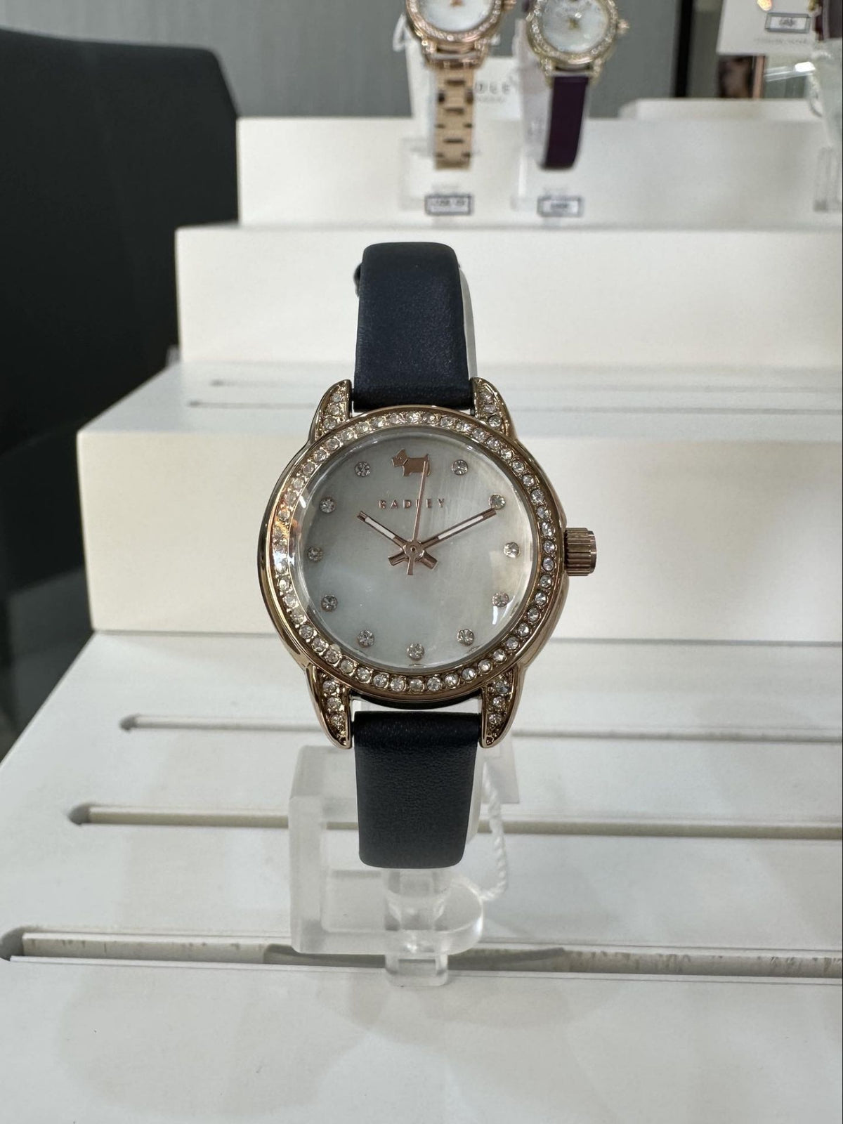 Rose Gold Watch with Cubic Zirconia and Ink Leather Strap