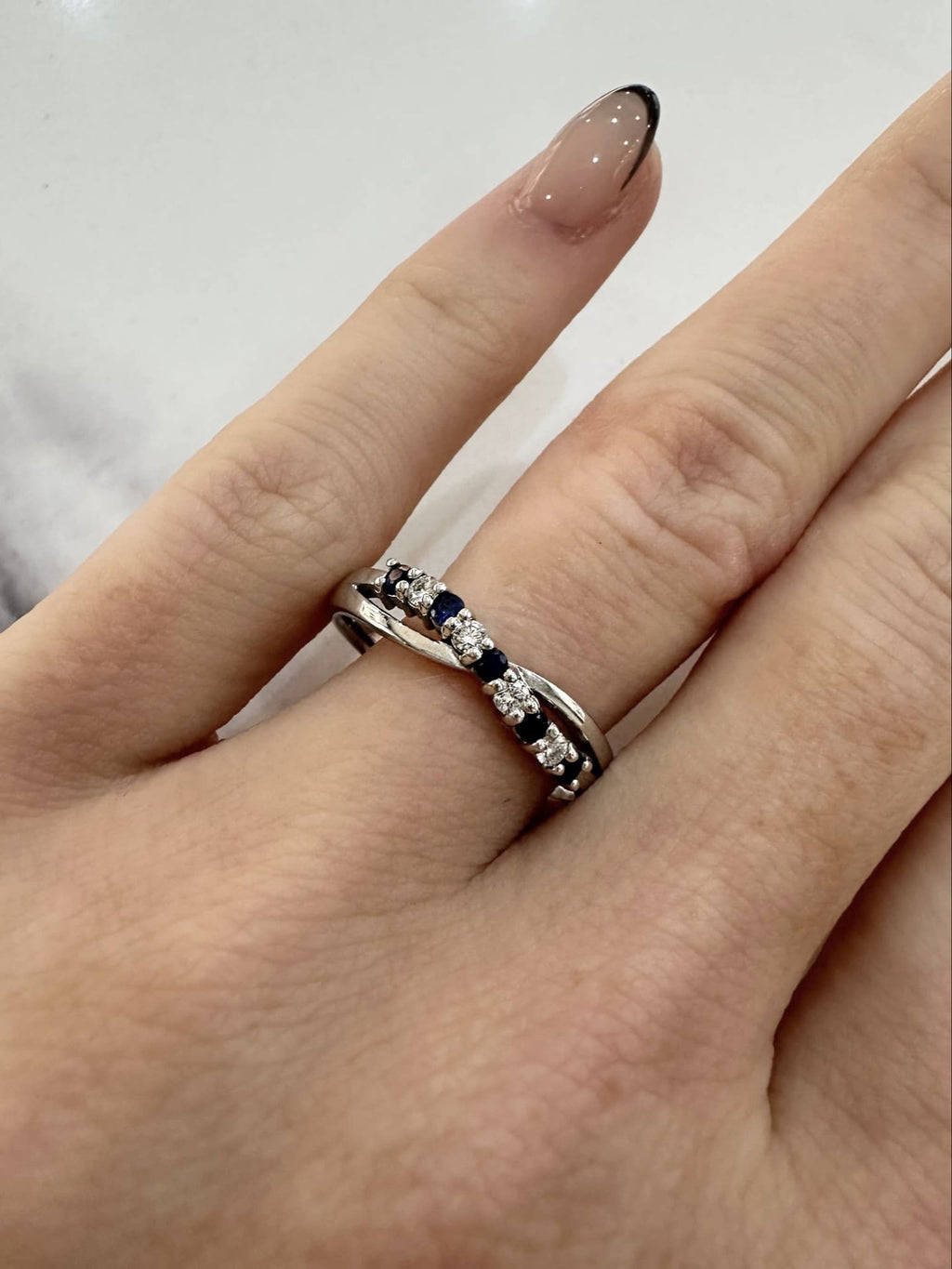 18ct White Gold Sapphire and Diamond Cross Over Eternity Ring 
