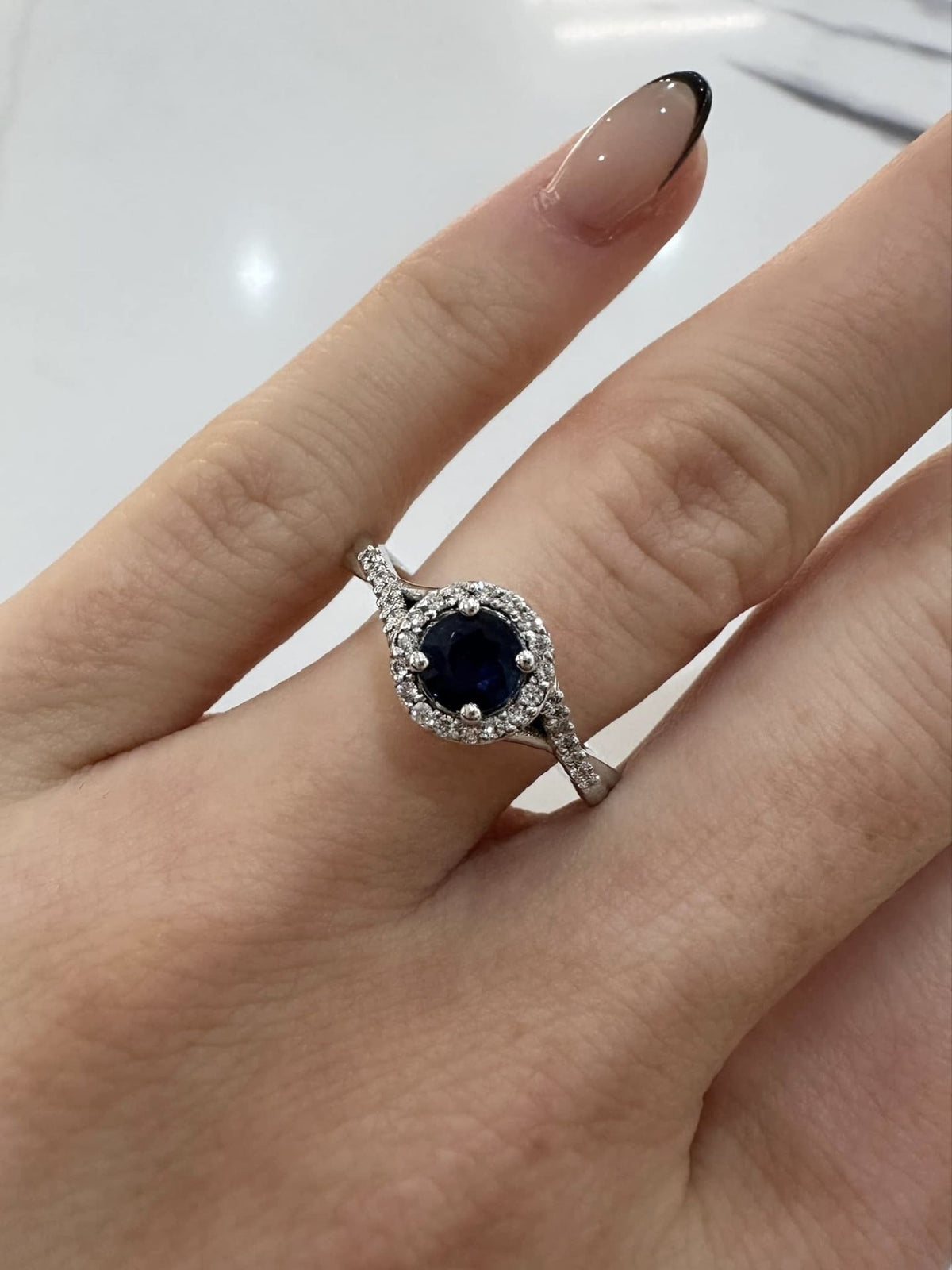 9ct White Gold Diamond and Sapphire Halo ring