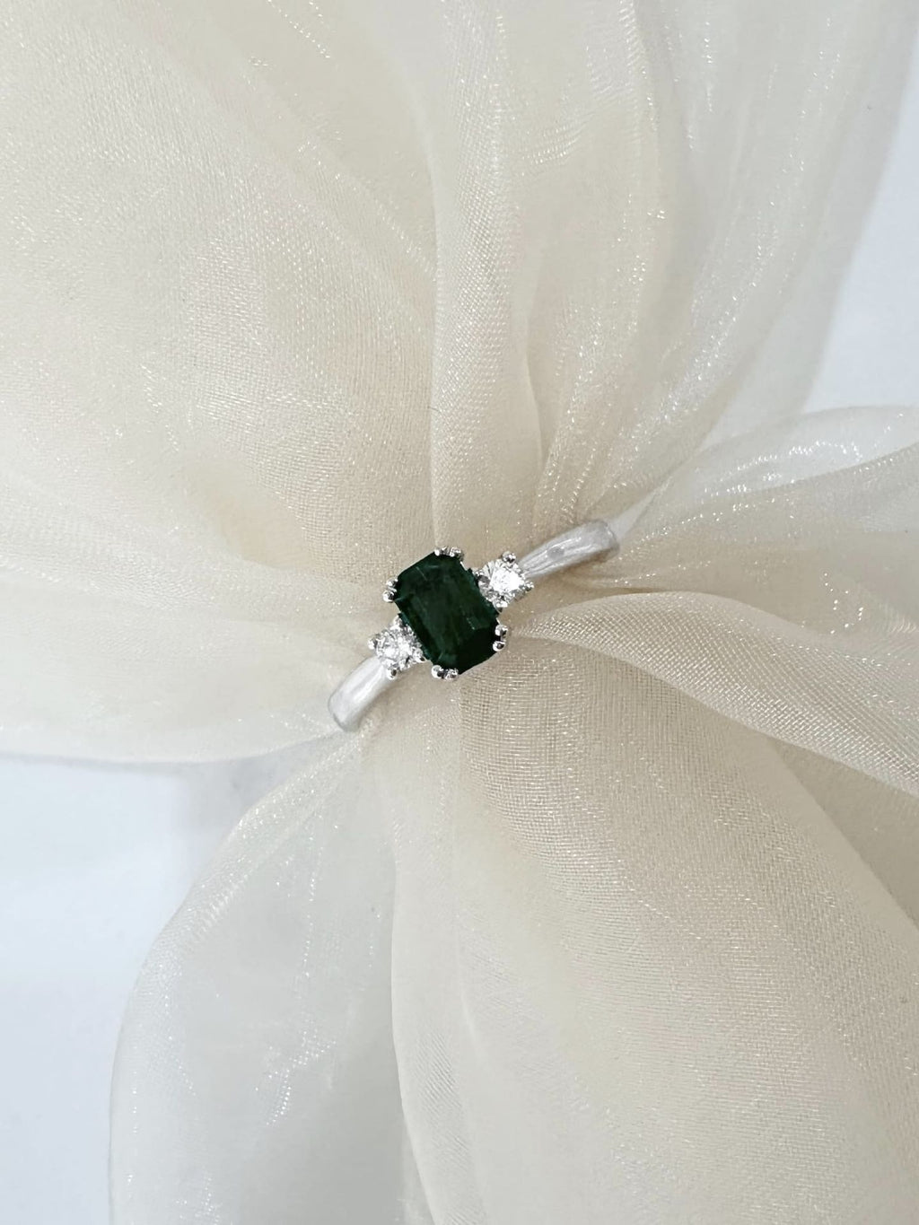 18ct White Gold 3 Stone Emerald and Diamond Ring