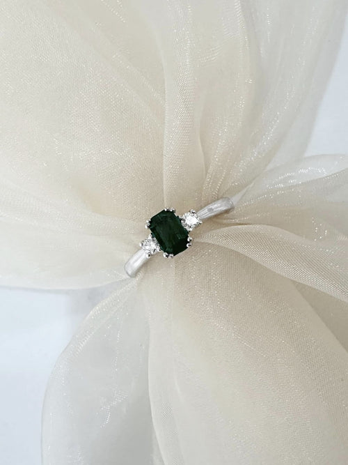 18ct White Gold 3 Stone Emerald and Diamond Ring