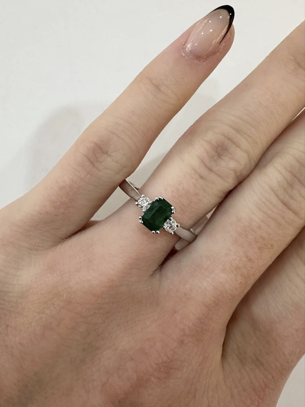 18ct White Gold 3 Stone Emerald and Diamond Ring