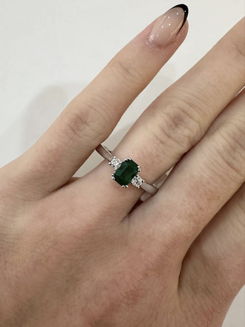18ct White Gold 3 Stone Emerald and Diamond Ring