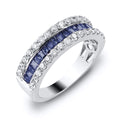 9ct White Gold Triple Row Diamond and Sapphire Ring