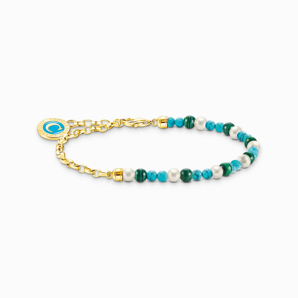 Pearl, Turquoise and Malachite Gold Plate Charm Bracelet 