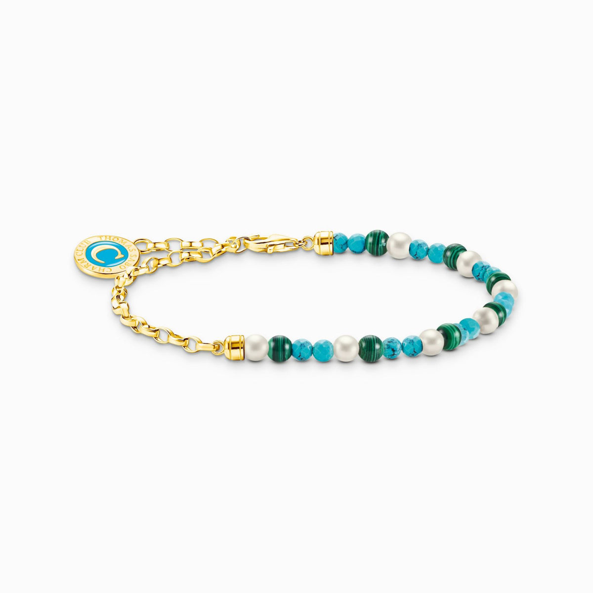 Pearl, Turquoise and Malachite Gold Plate Charm Bracelet 