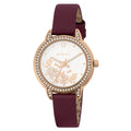 Rose Gold Plated Stone Set Floral Cranberry Red Leather Strap Analogue Watch