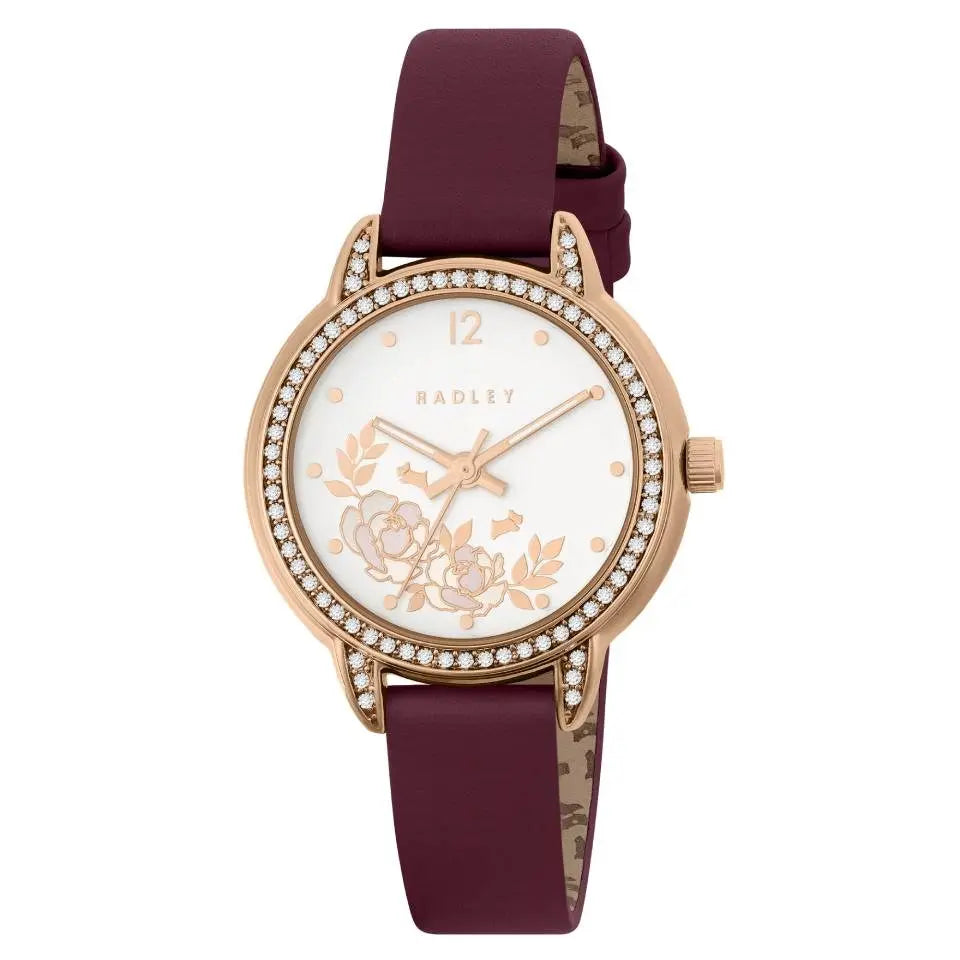 Rose Gold Plated Stone Set Floral Cranberry Red Leather Strap Analogue Watch
