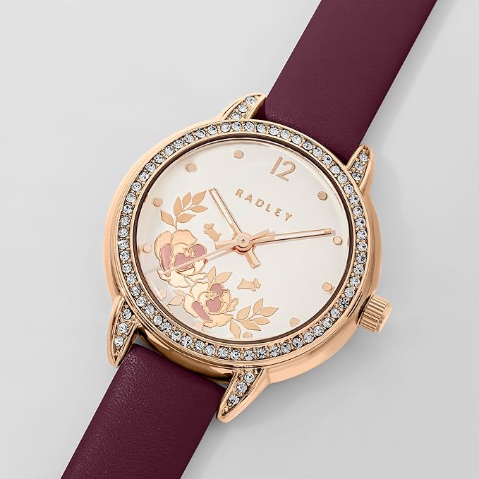 Rose Gold Plated Stone Set Floral Cranberry Red Leather Strap Analogue Watch