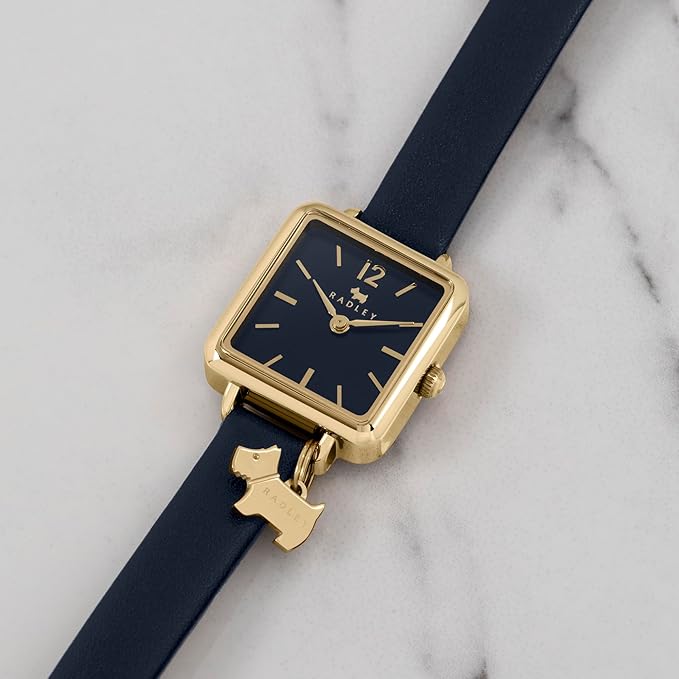 Square Pale Gold Plated Ink Leather Strap Watch