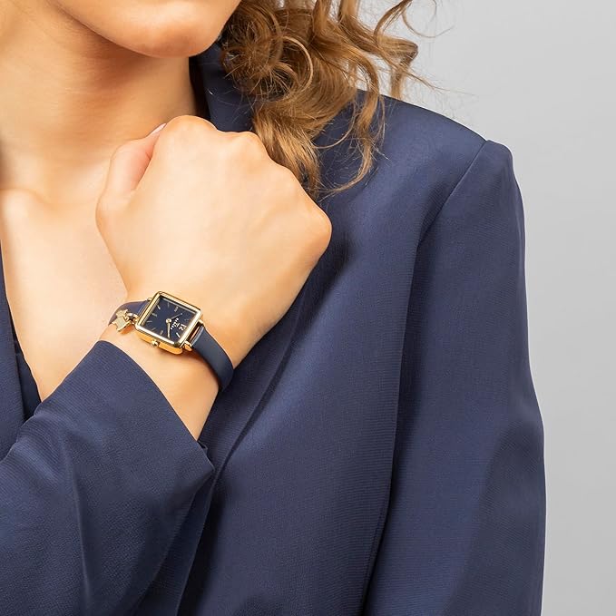 Square Pale Gold Plated Ink Leather Strap Watch