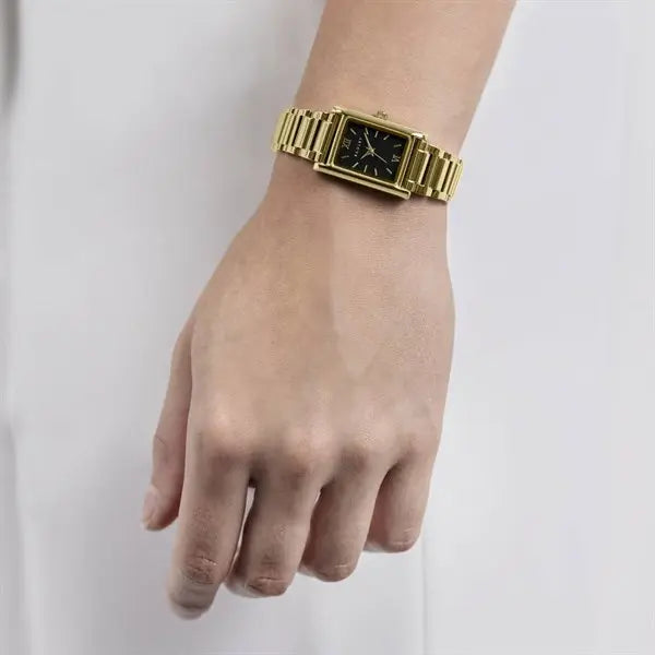 lack Rectangular Dial Gold Watch 