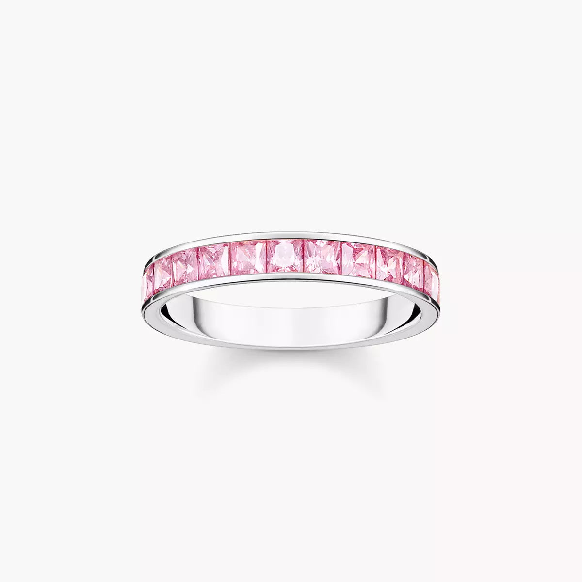 Pink channel set princess cut band ring