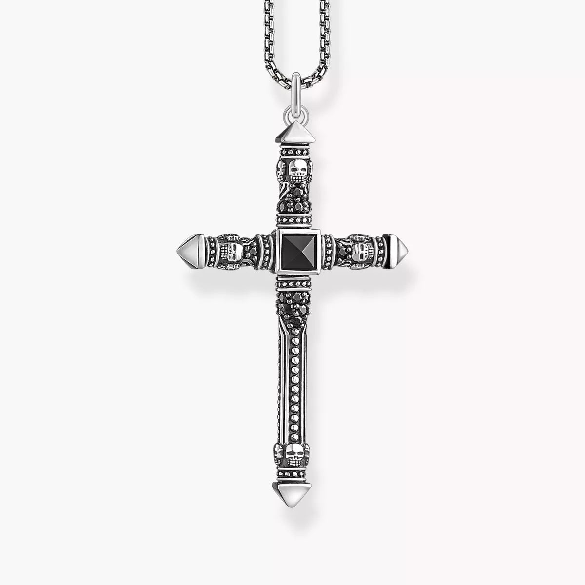 Black stone cross pendant blackened chain