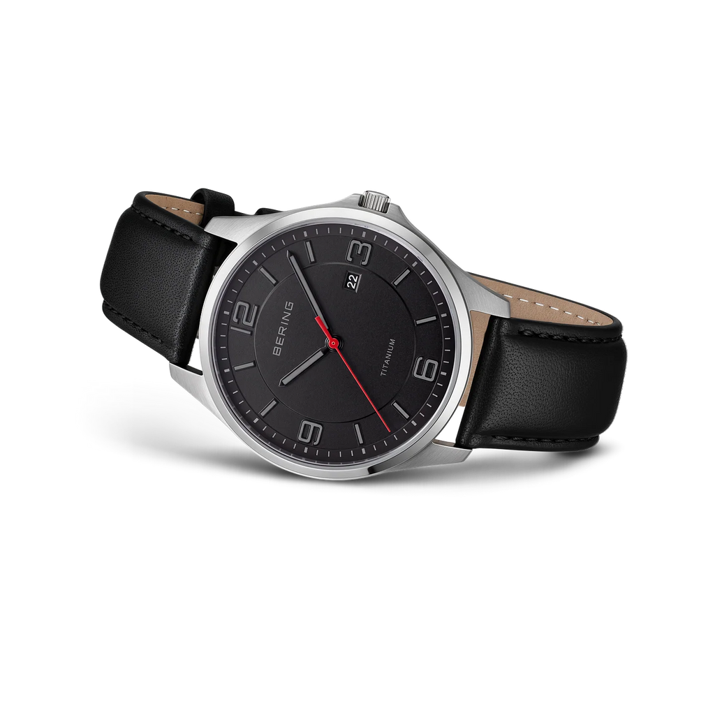 Titanium Date Numerical Leather Watch Black