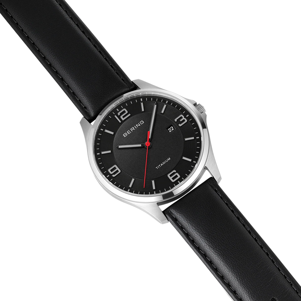 Titanium Date Numerical Leather Watch Black