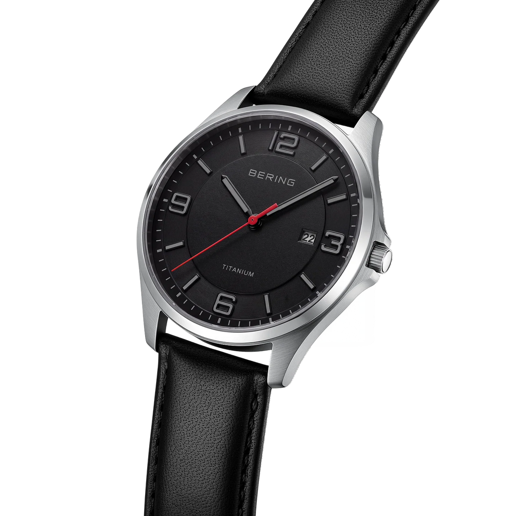 Titanium Date Numerical Leather Watch Black
