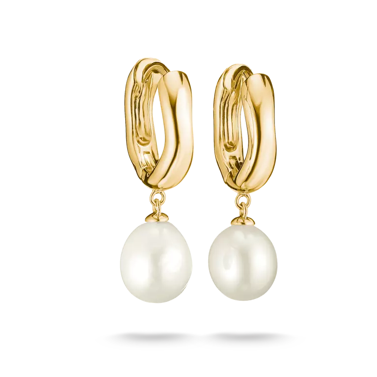 FRESHWATER PEARL DROP HOOP EARRINGS GOLD PLATED