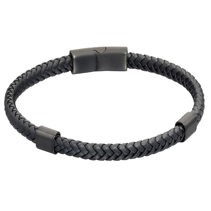 Fred Bennett Plaited Black Leather and Black IP Sections Bracelet
