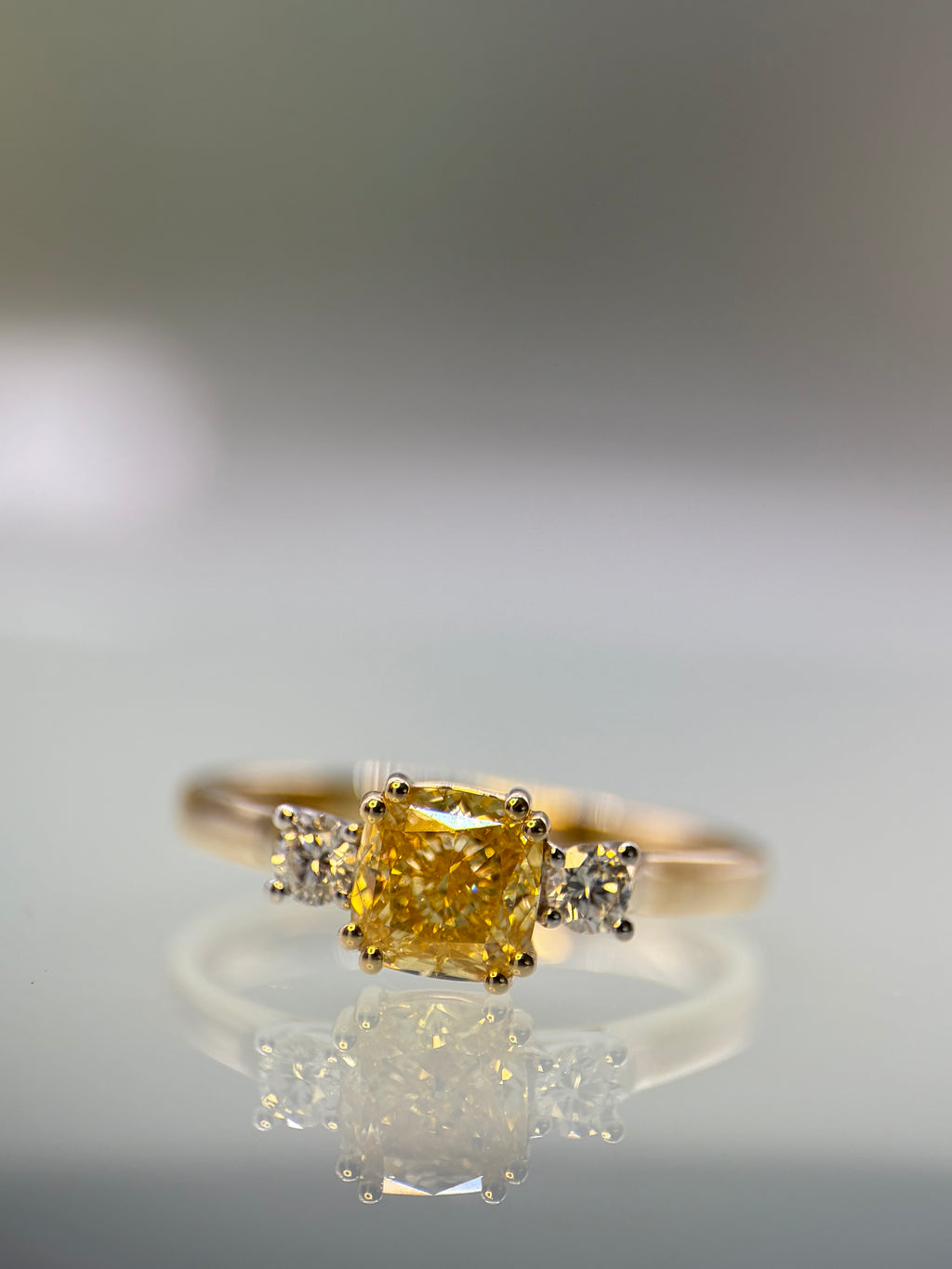 9ct Yellow Gold Cushion-Cut Yellow Lab-Grown Diamond Three Stone Ring – 1.18ct